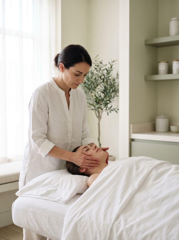 Praticienne Destination Bien-Être réalisant un soin du visage
